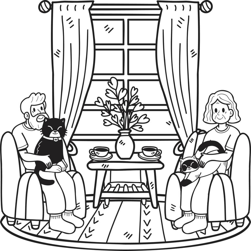 Hand Drawn Elderly holding a cat illustration in doodle style vector