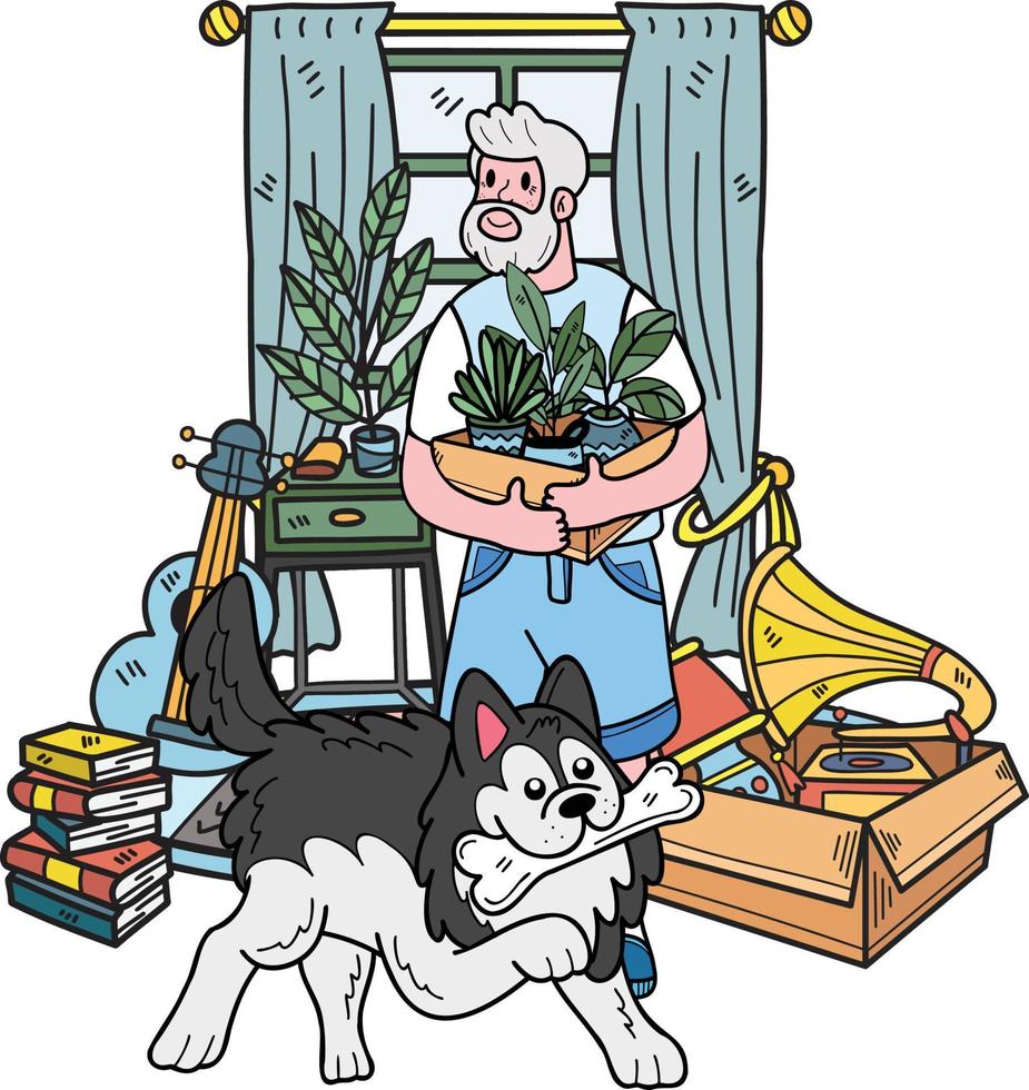 Hand Drawn Elderly cleaning the room with the dog illustration in doodle style vector
