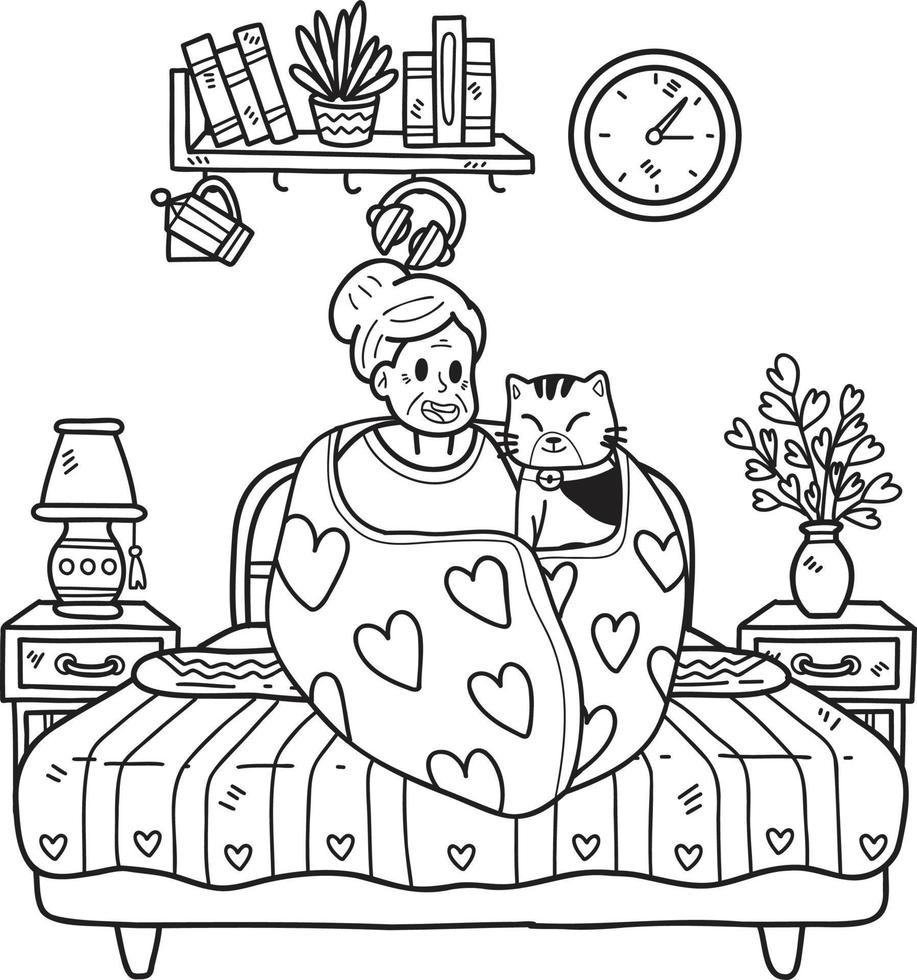 Hand Drawn Elderly holding a cat illustration in doodle style vector