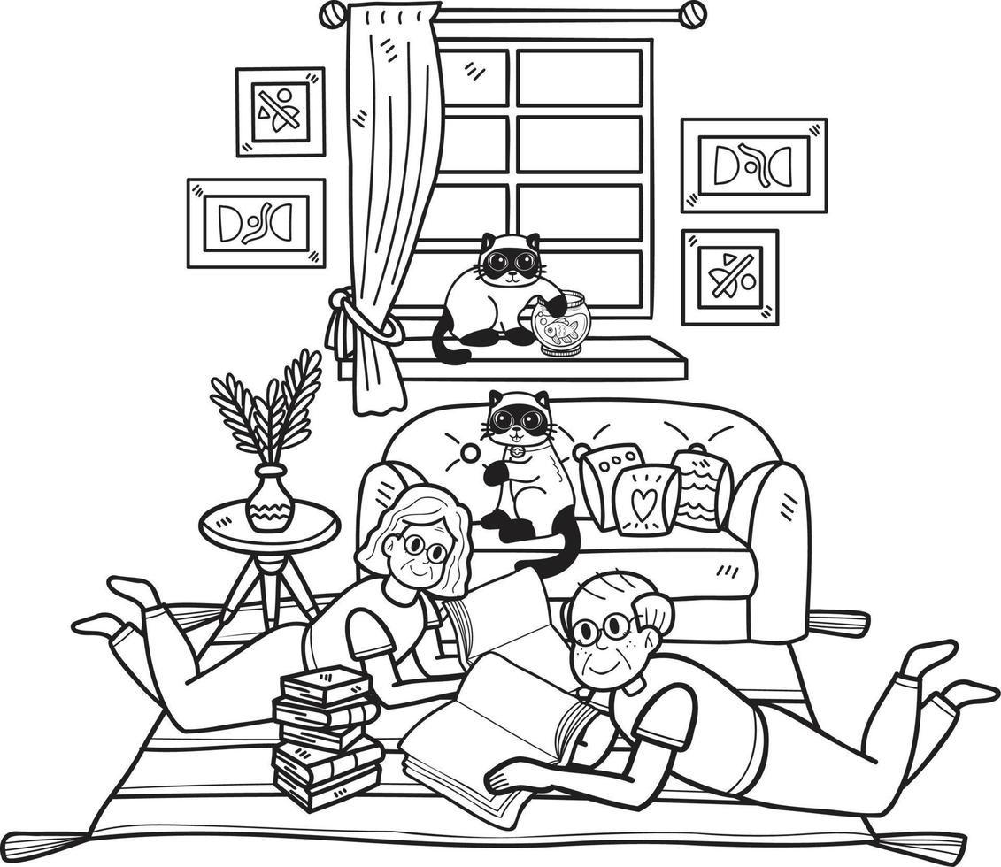 Hand Drawn Elderly reading a book with a cat illustration in doodle style vector