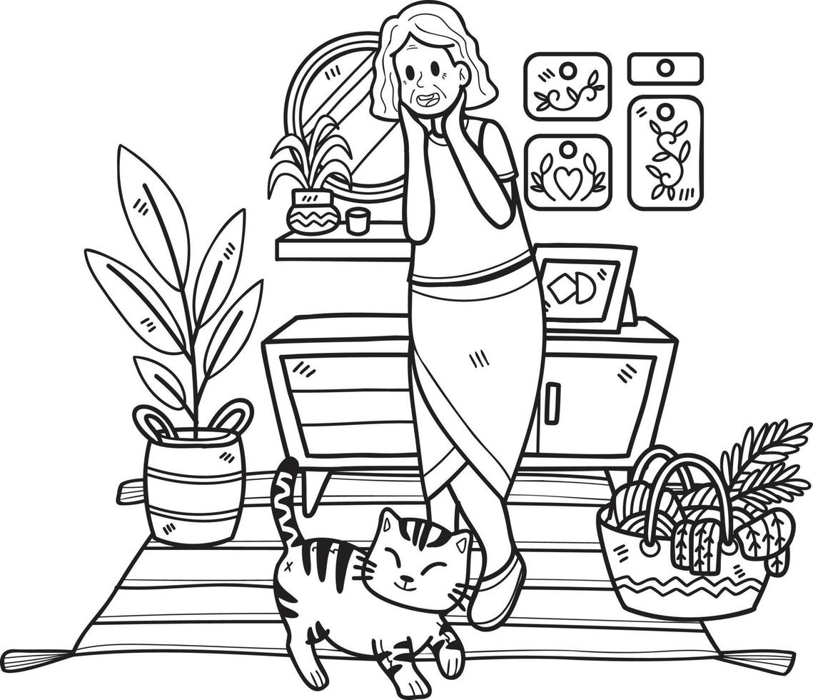 Hand Drawn Elderly play with cat illustration in doodle style vector