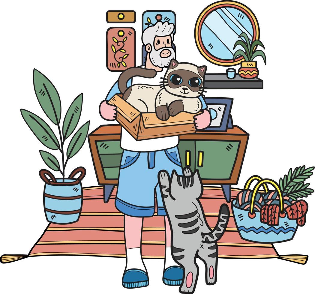 Hand Drawn Elderly holding a cat illustration in doodle style vector
