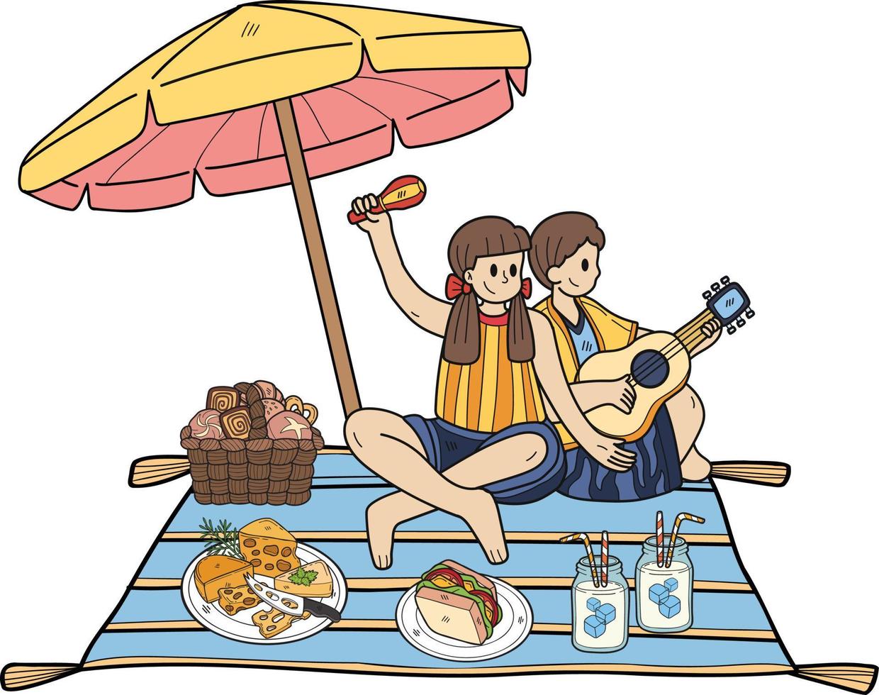 mano dibujado Pareja sentado en un picnic en el playa ilustración en garabatear estilo vector