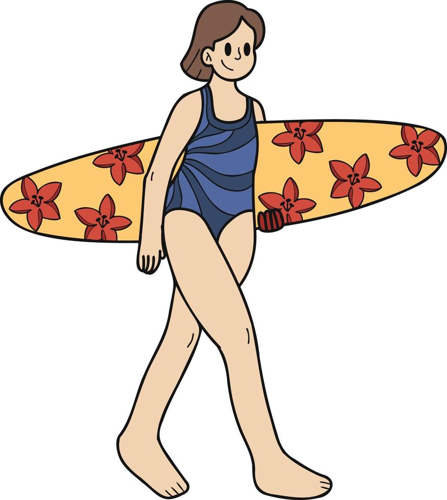 mano dibujado hembra turista con tabla de surf ilustración en garabatear estilo vector