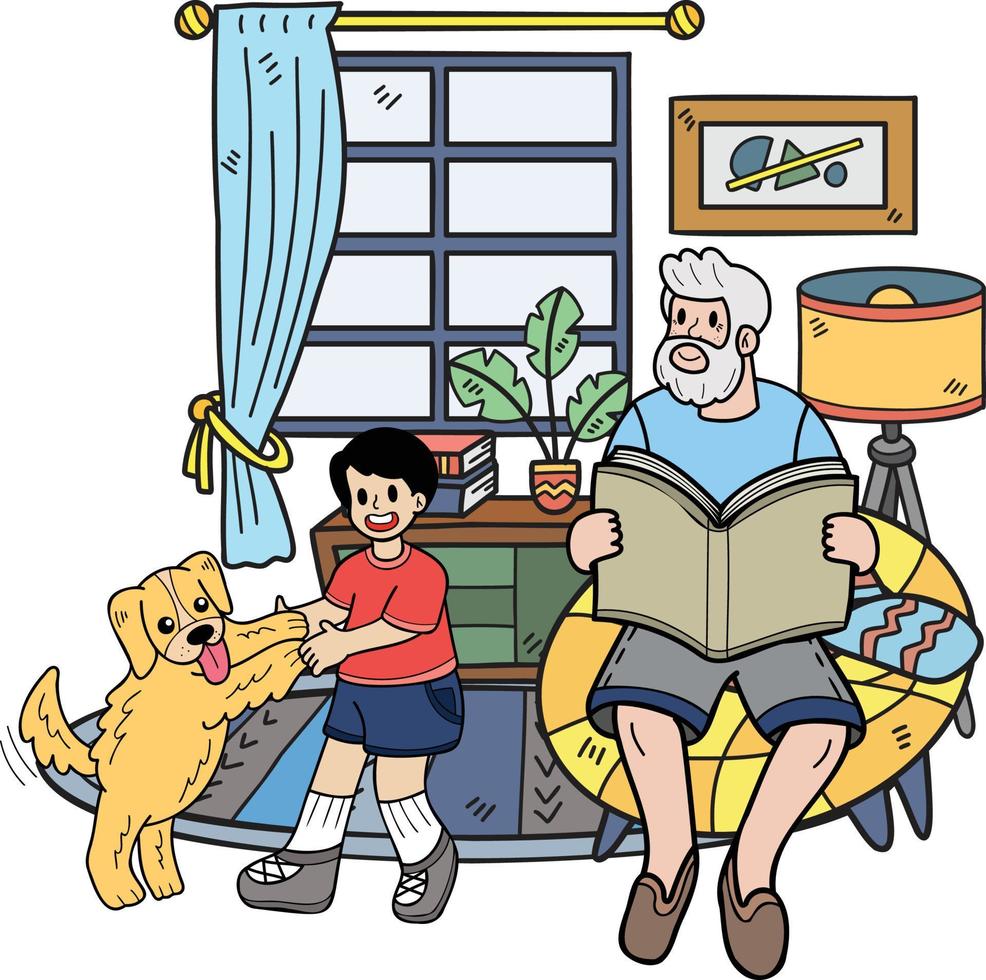 Hand Drawn Elderly reading a book with a dog illustration in doodle style vector