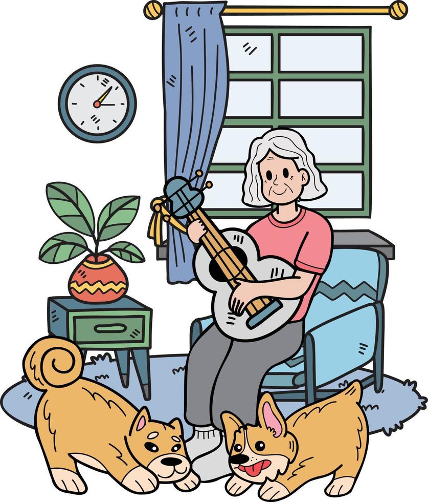 mano dibujado mayor jugando guitarra con perro ilustración en garabatear estilo vector