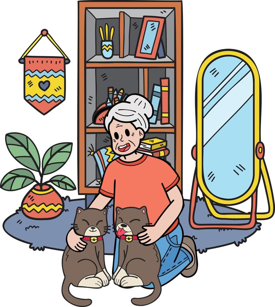 Hand Drawn Elderly play with cat illustration in doodle style vector