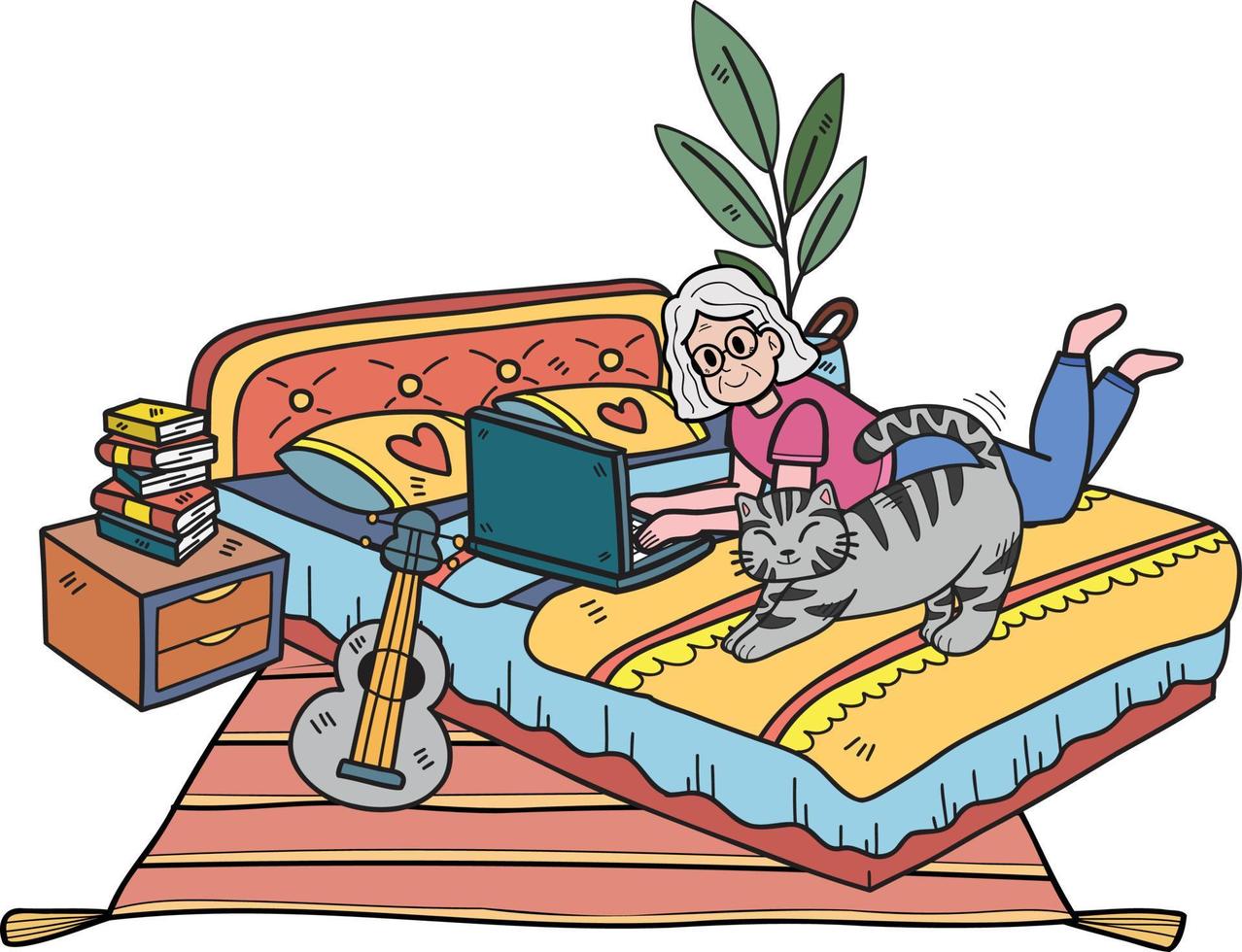 Hand Drawn Elderly working in a room with cats illustration in doodle style vector