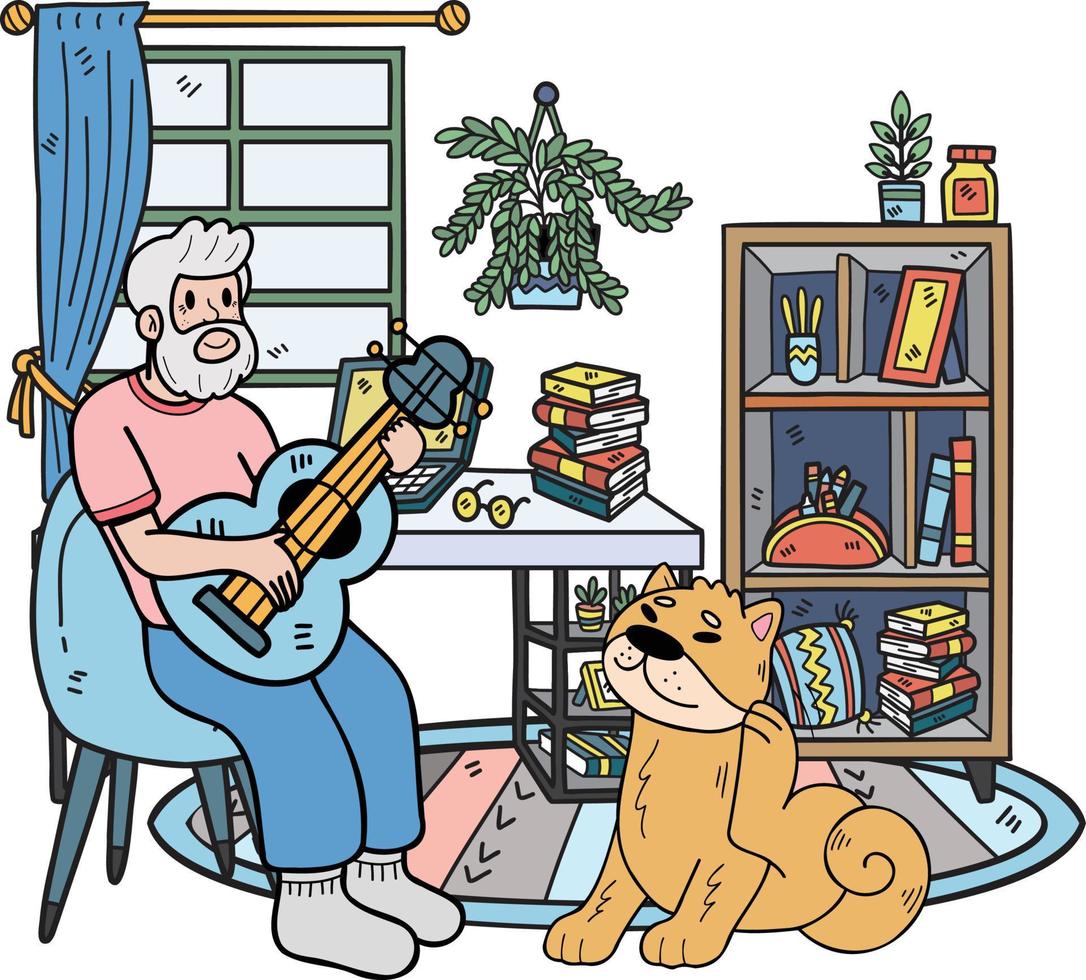 mano dibujado mayor jugando guitarra con perro ilustración en garabatear estilo vector