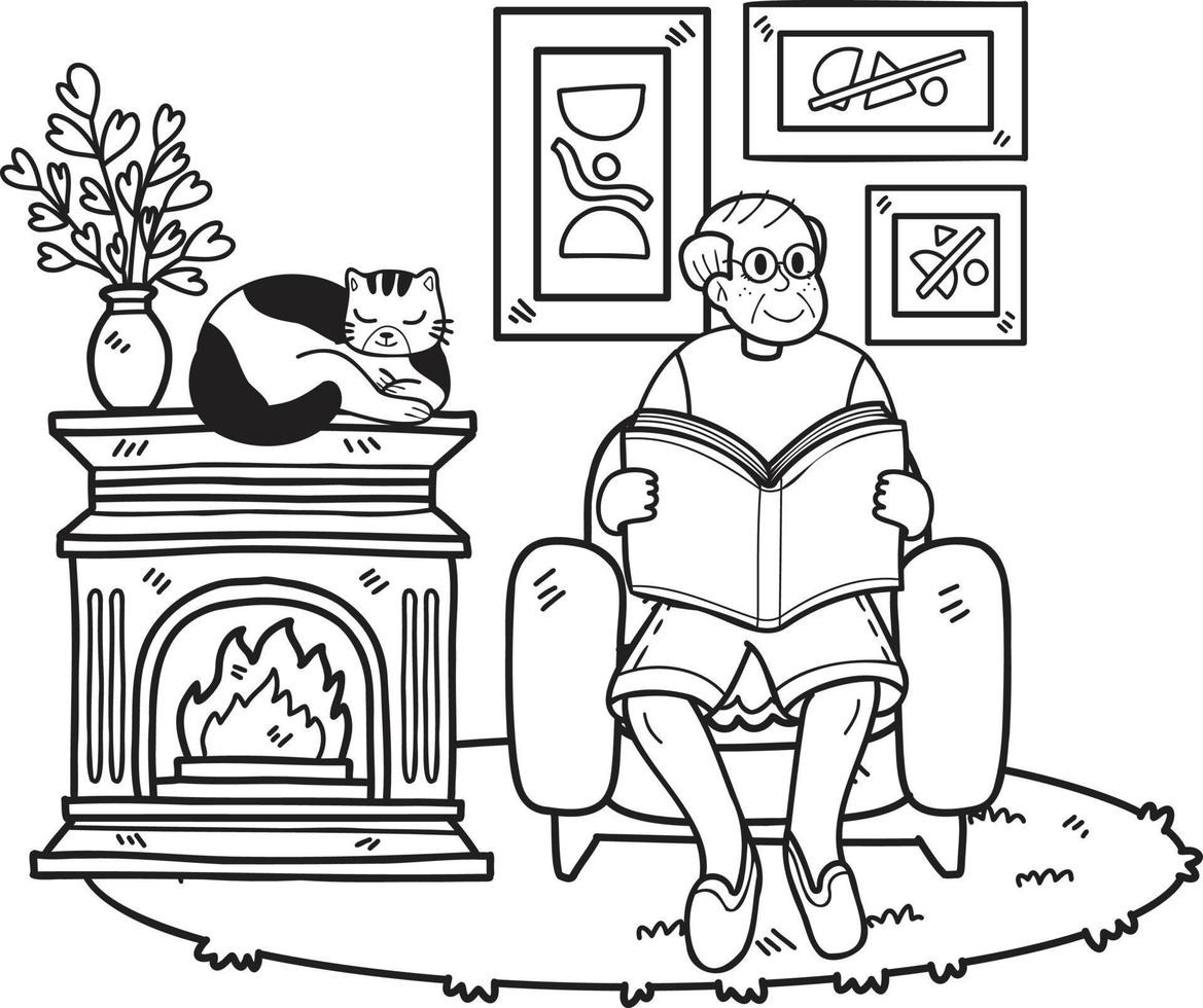 Hand Drawn Elderly reading a book with a cat illustration in doodle style vector