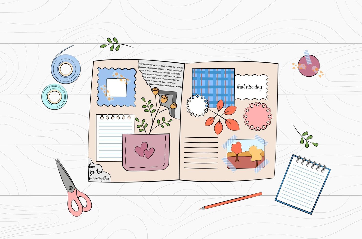 Scrapbooking workplace top view. Scrapbook elements, tools and stationery on wooden table. Journaling hobby. Book with newspaper clipping, photo, notes, leaves. Vector illustration
