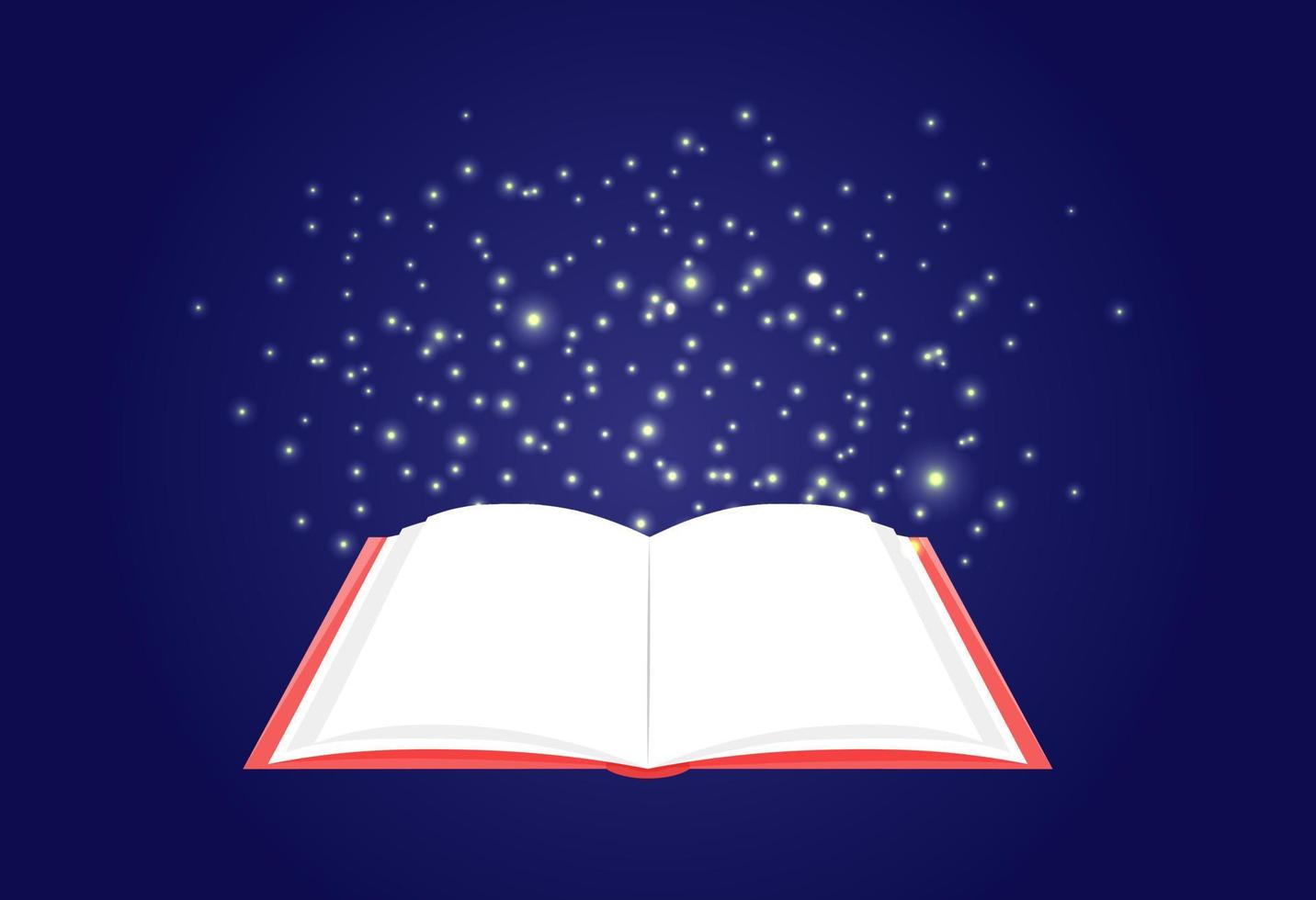Open book and magic glowing. Concept of importance of knowledge, learning, education and reading. Vector illustration of empty book pages. Blank template