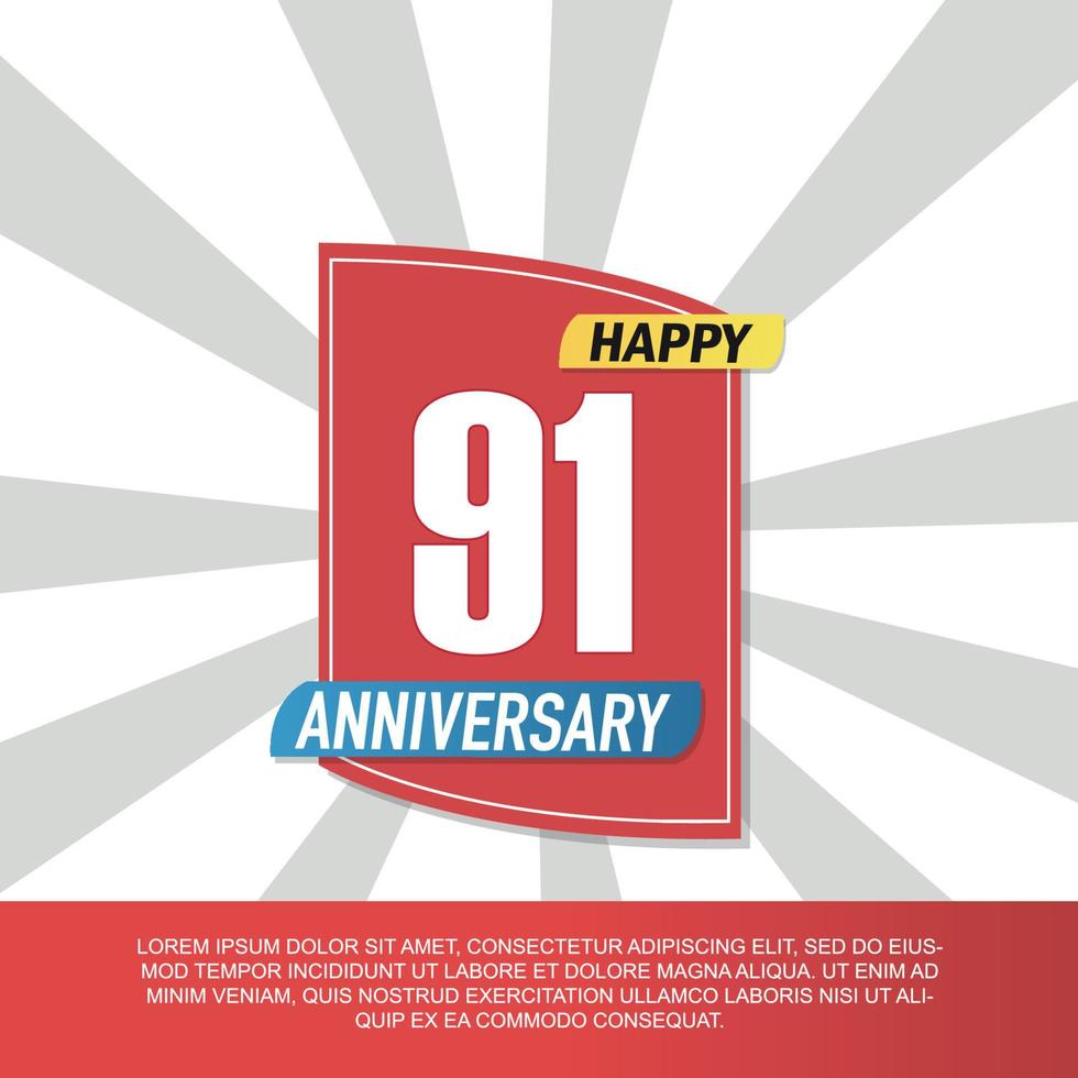 Vector 91 year anniversary icon logo design with red and white emblem on white background abstract illustration