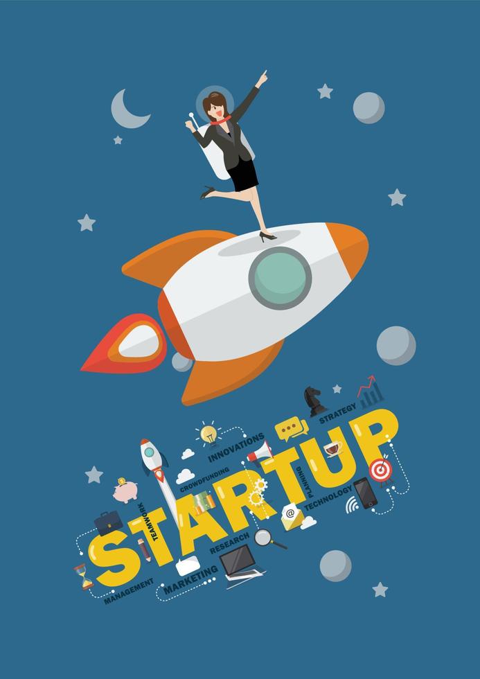 Business woman astronaut standing on a rocket vector