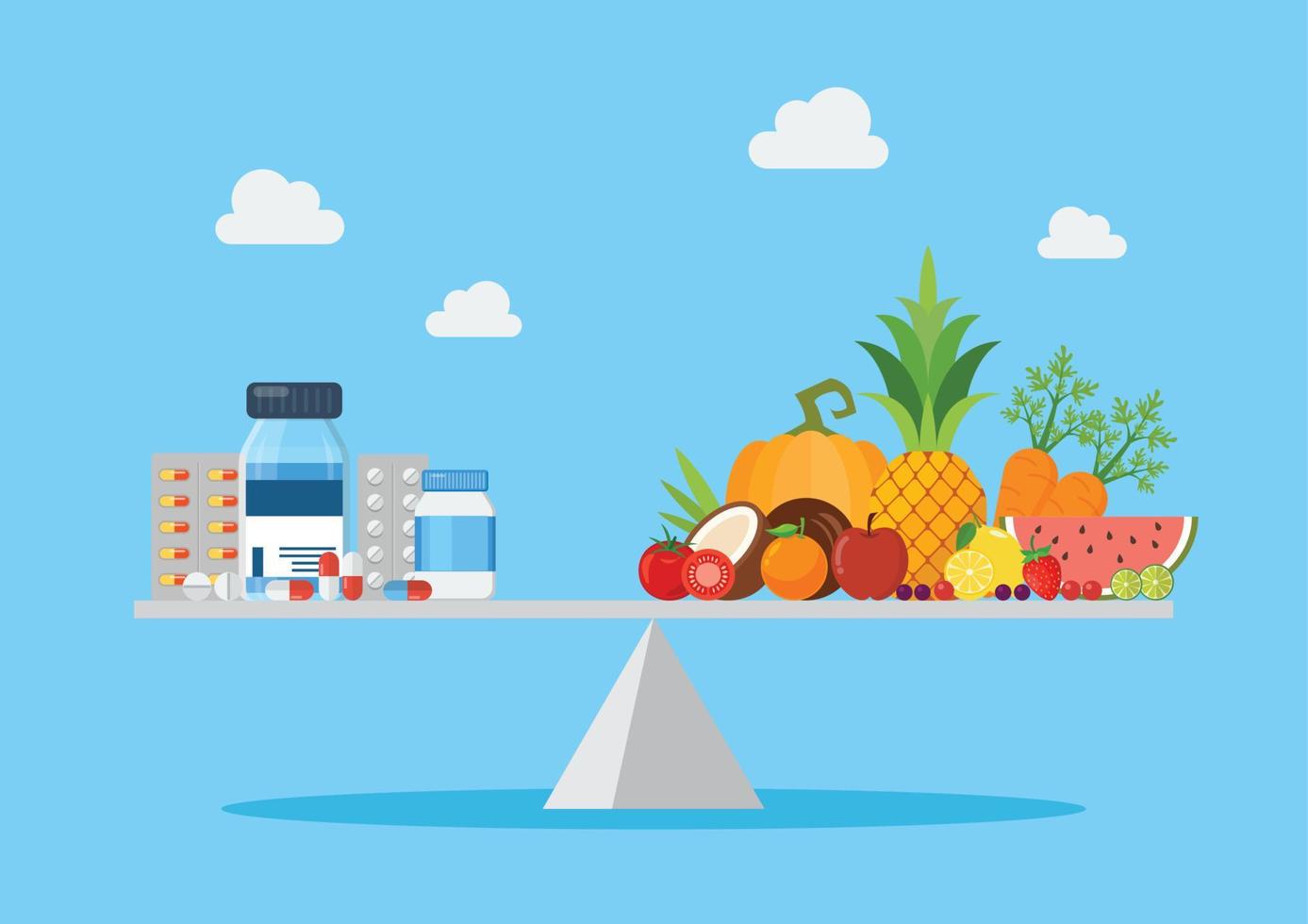 Balancing between vitamin pills and healthy food vector