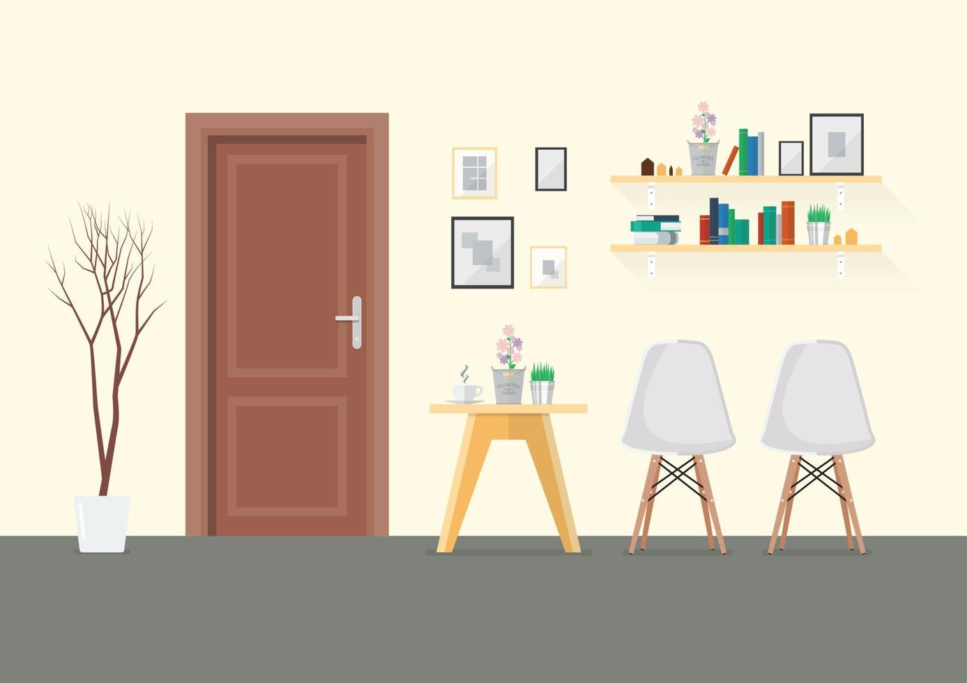 Flat Design Interior Living Room with Wooden Door vector