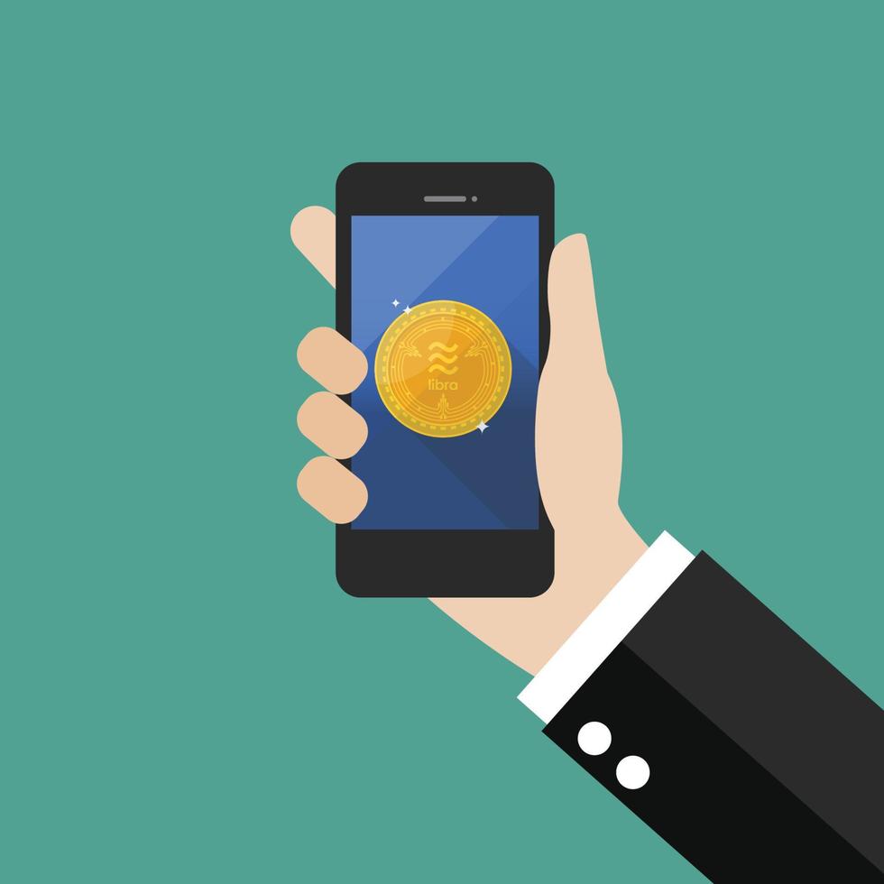 Hand holding smartphone with libra currency vector