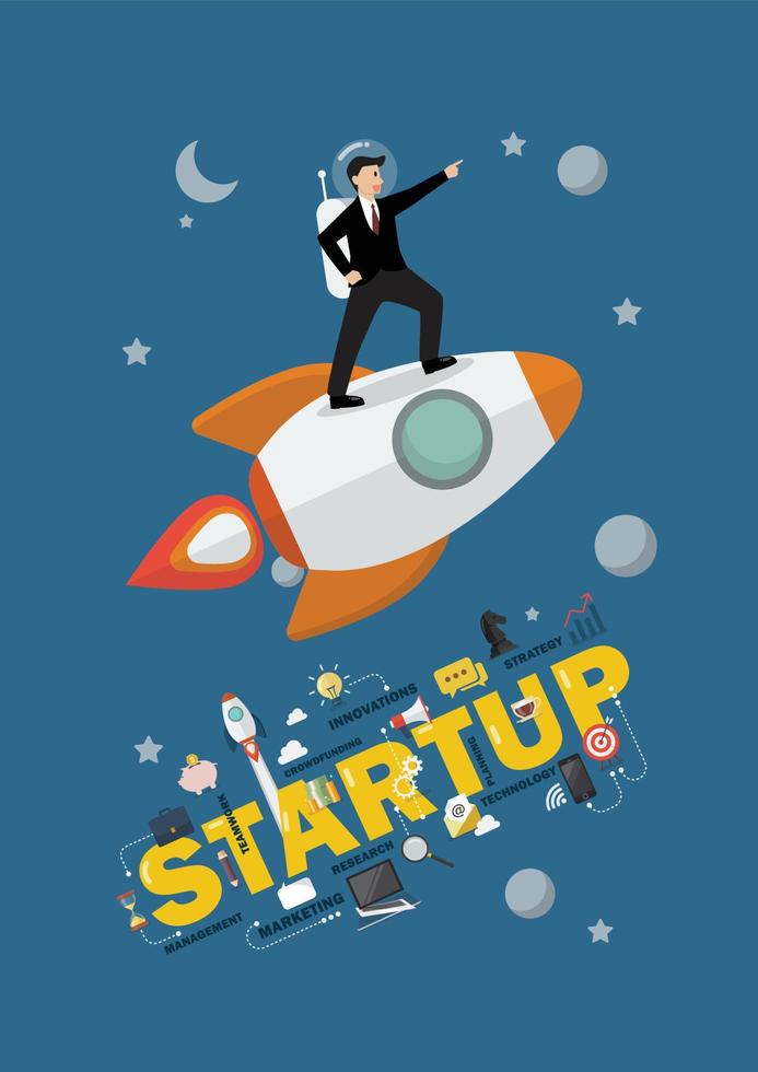 Businessman astronaut standing on a rocket Startup concept vector