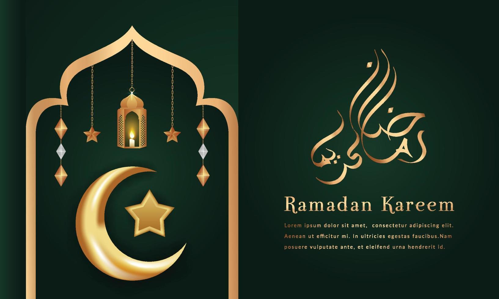 Ramadan kareem greetings islamic festival background with arabic caligraphy, crescent moon, clouds, lanterns, stars, lighting, ornamental decorative background vector