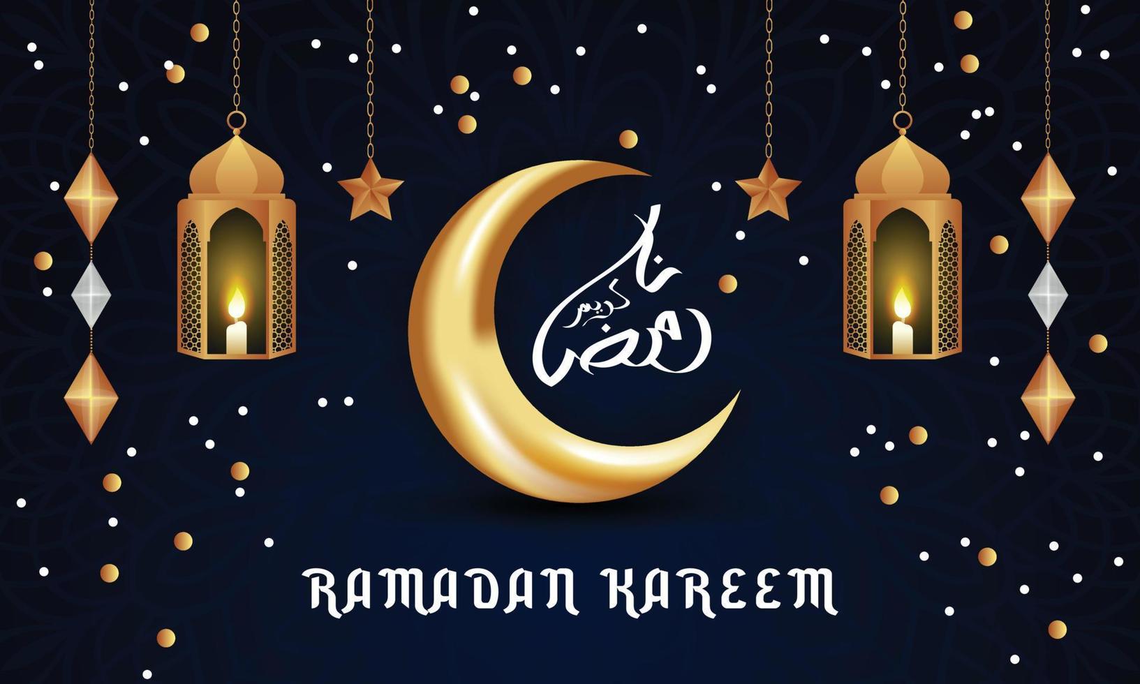 Ramadan kareem greetings islamic occasion background with arabic caligraphy, crescent moon, lanterns, stars, ornamental decorative background vector