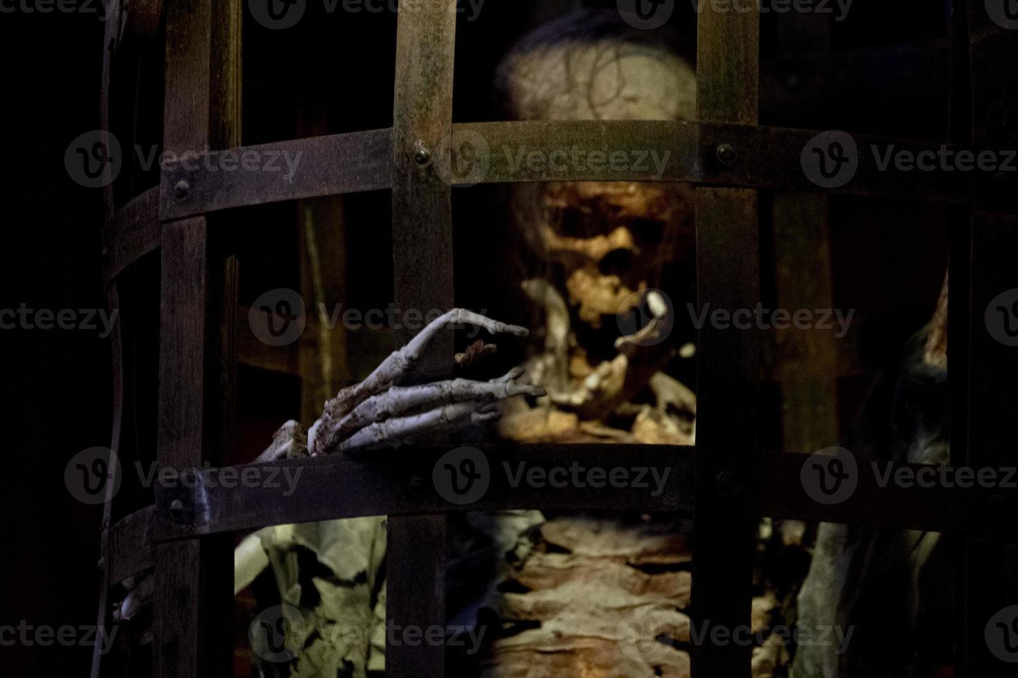 Skeleton caged in medieval cage photo