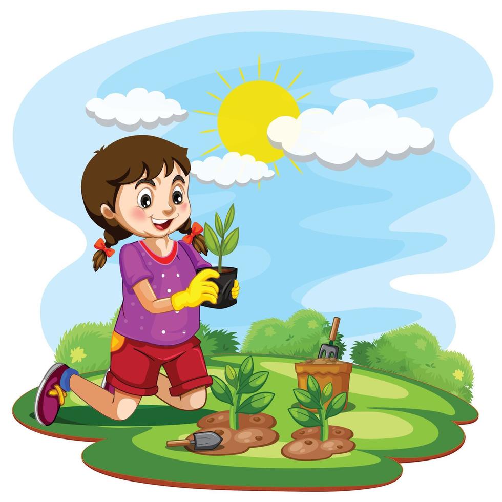 dibujos animados linda pequeño niña plantando un planta vector ilustración