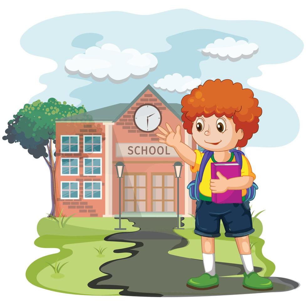 Cute cartoon boy going to school with her backpack vector illustration