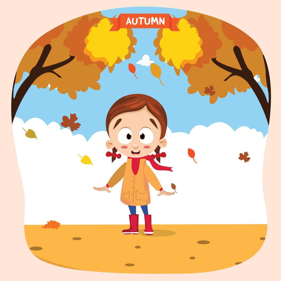 Cute kids playing and jumping with autumn leaves vector illustration