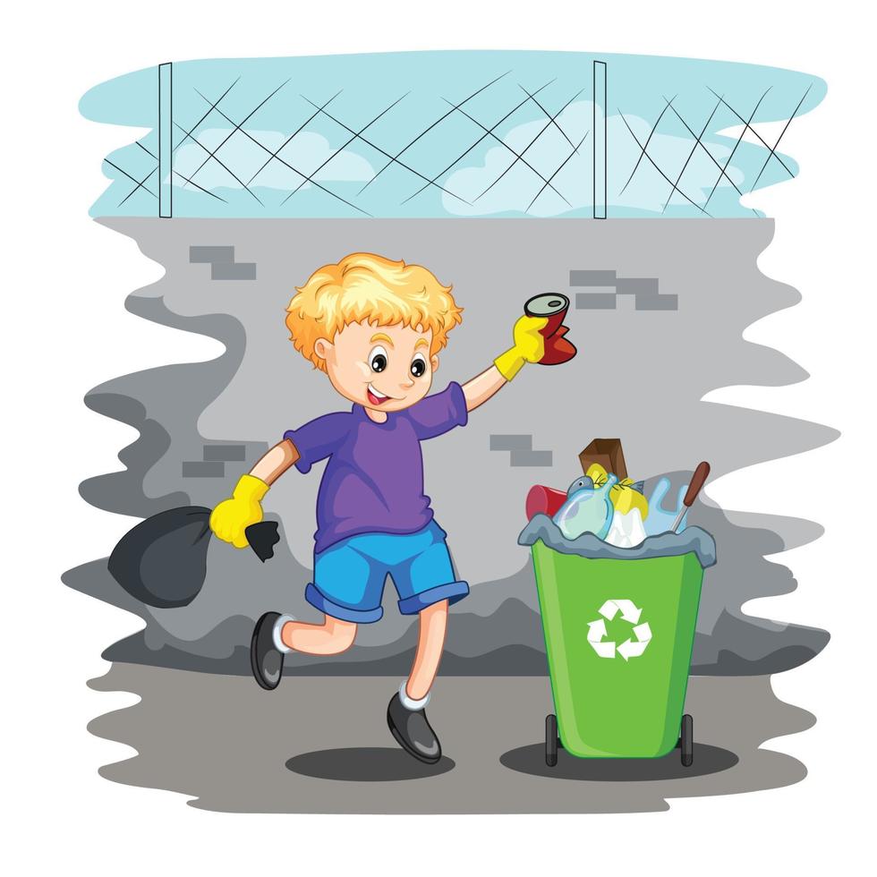 linda pequeño chico lanzamiento basura en el basura compartimiento vector ilustración