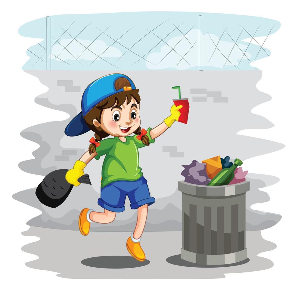 Kid Throwing Garbage In Trash Bin vector illustration