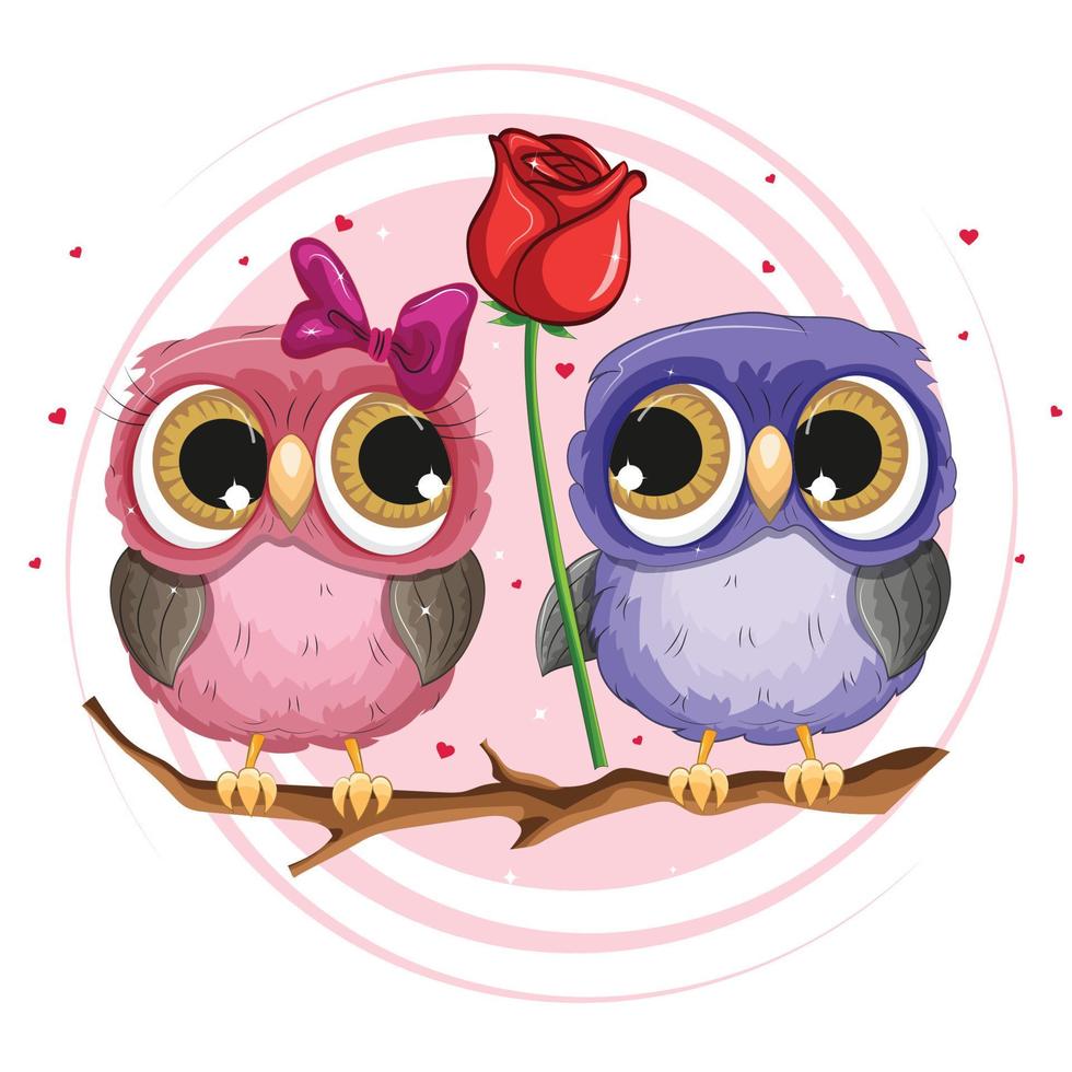 Cute funny cartoon owls sitting together vector illustration.