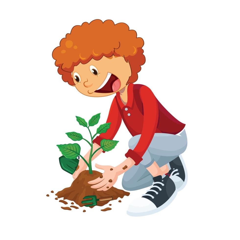 Cute little boy planting a plant vector illustration