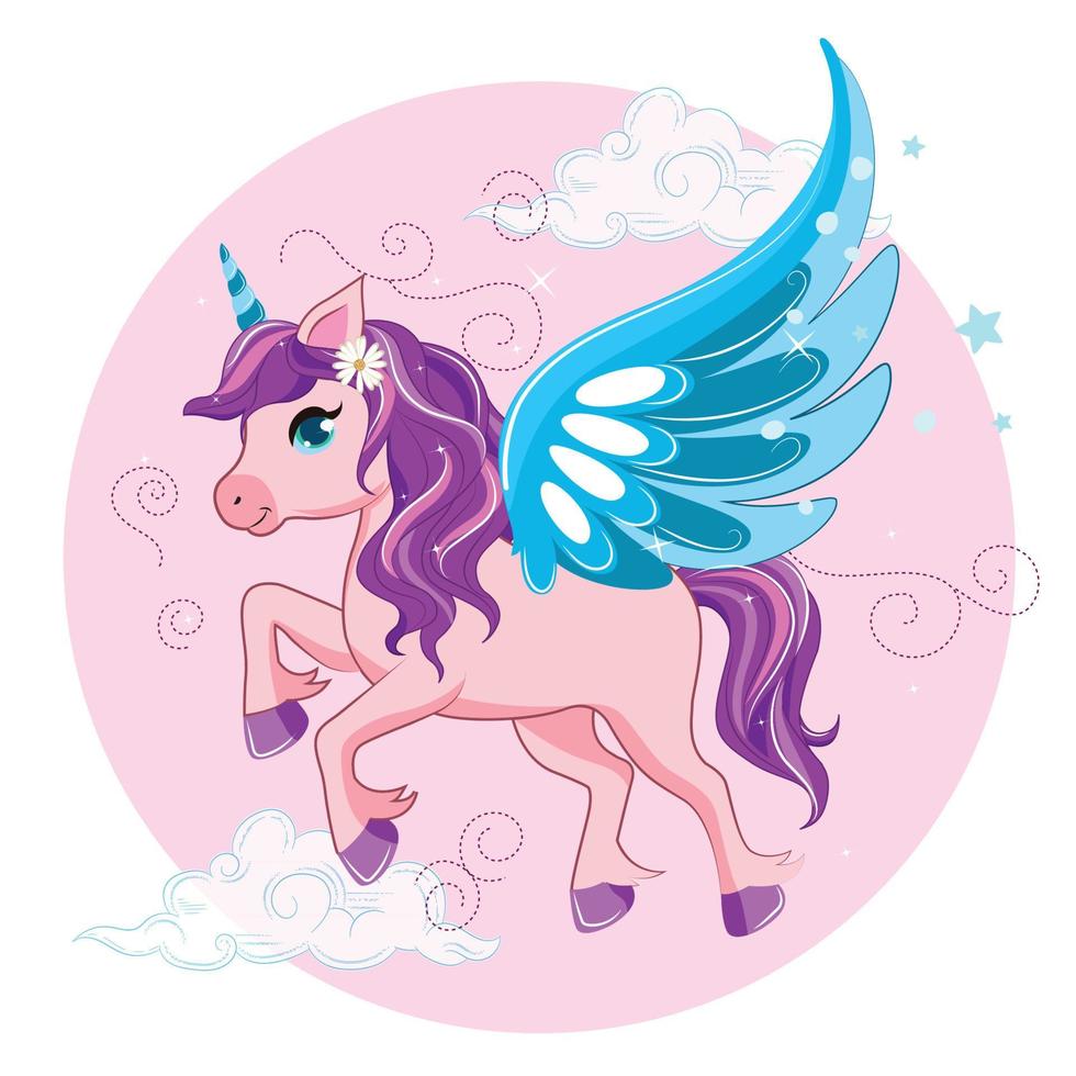 linda dibujos animados unicornio con un púrpura melena y azul alas vector ilustración