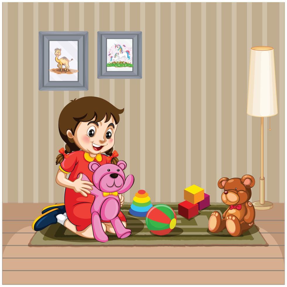 niña jugando con su oso muñeca vector ilustración