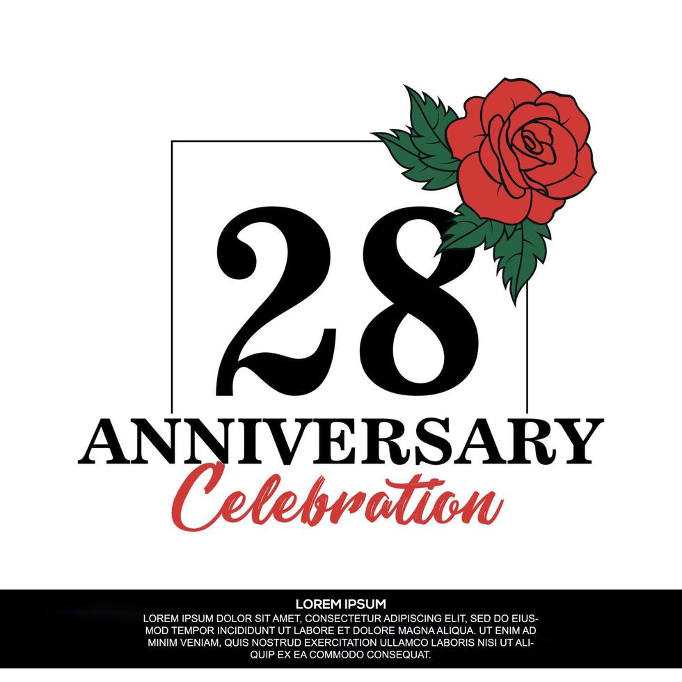 28th anniversary celebration logo vector design with red rose flower with black color font on white background abstract