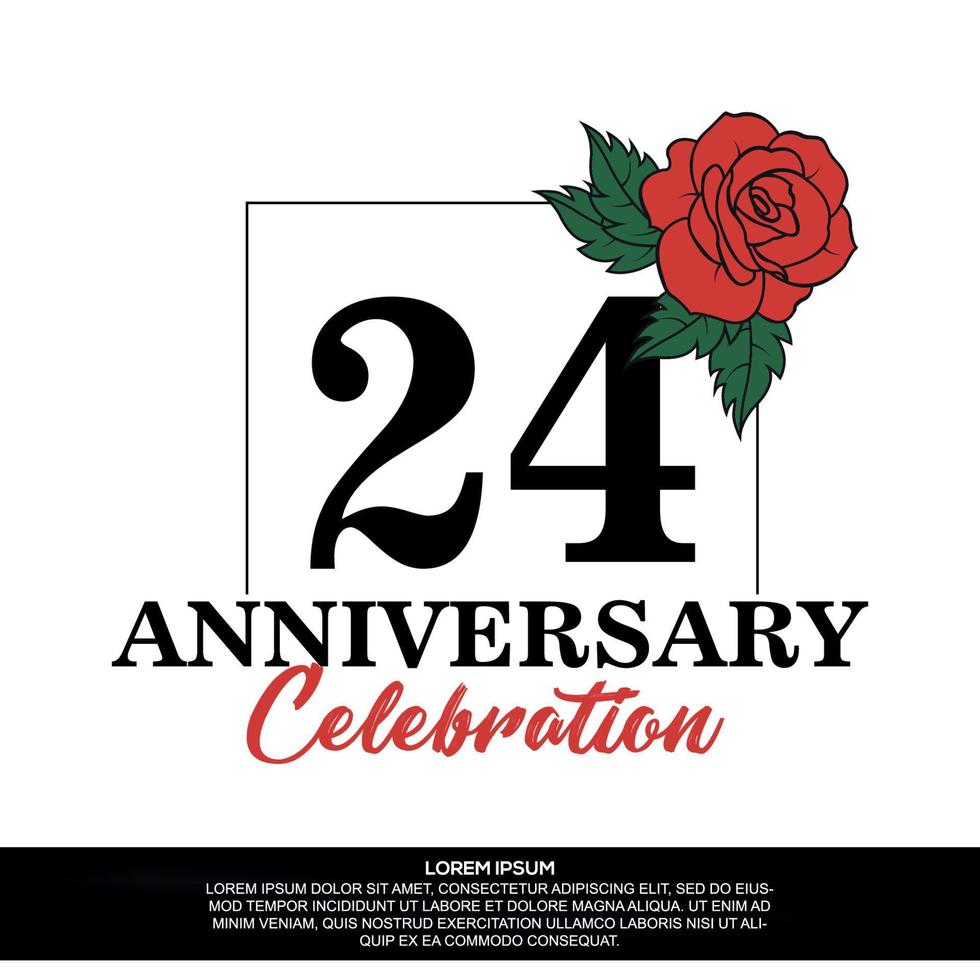 24 aniversario celebracion logo vector diseño con rojo Rosa flor con negro color fuente en blanco antecedentes resumen