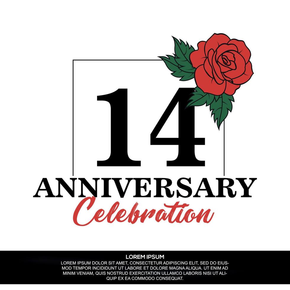 14to aniversario celebracion logo vector diseño con rojo Rosa flor con negro color fuente en blanco antecedentes resumen