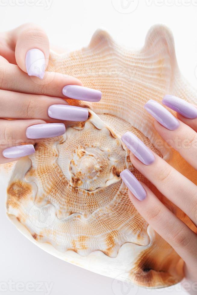 Hand with long  violet manicured nails and seashell photo