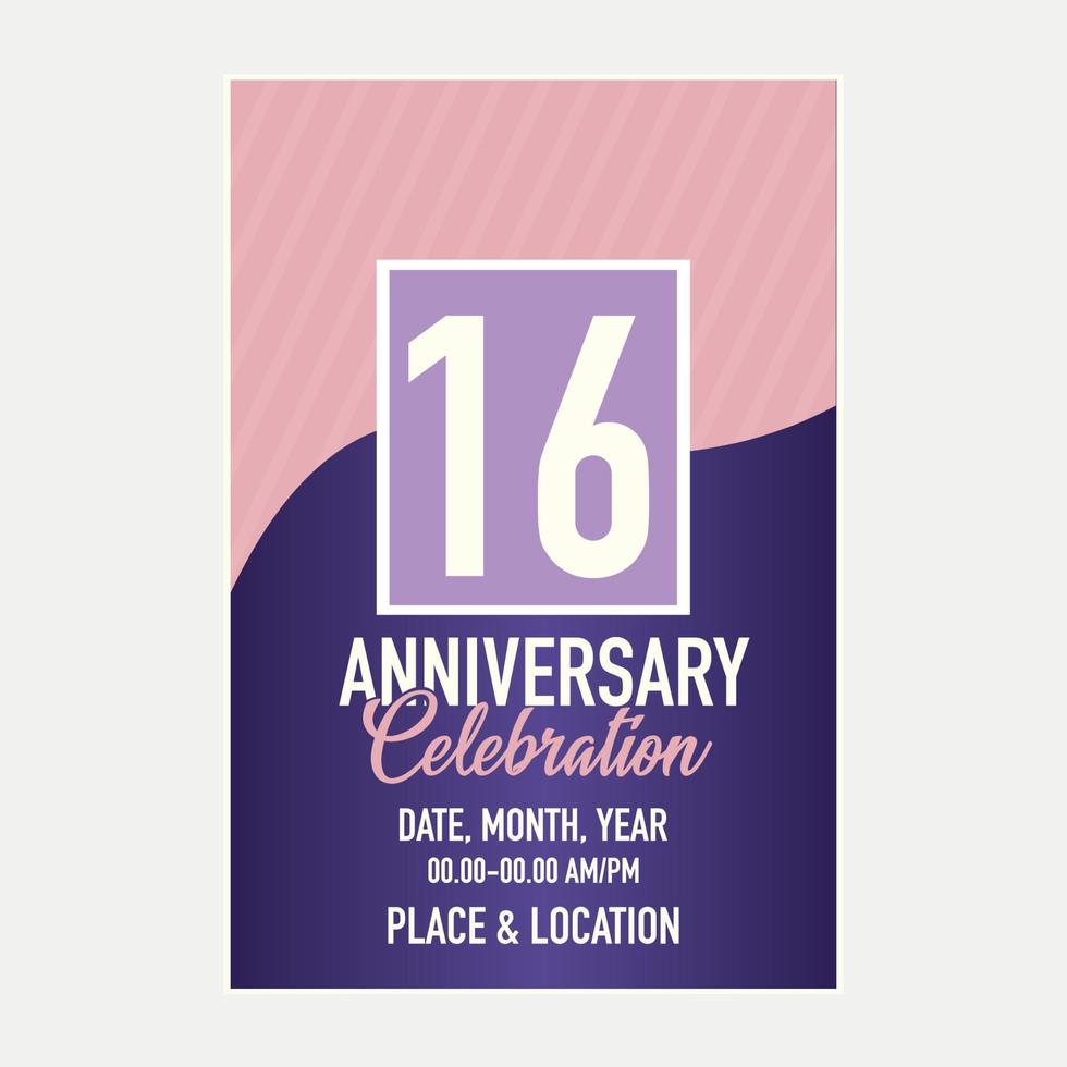 Vector 16th years anniversary vector invitation card. template of invitational for print design