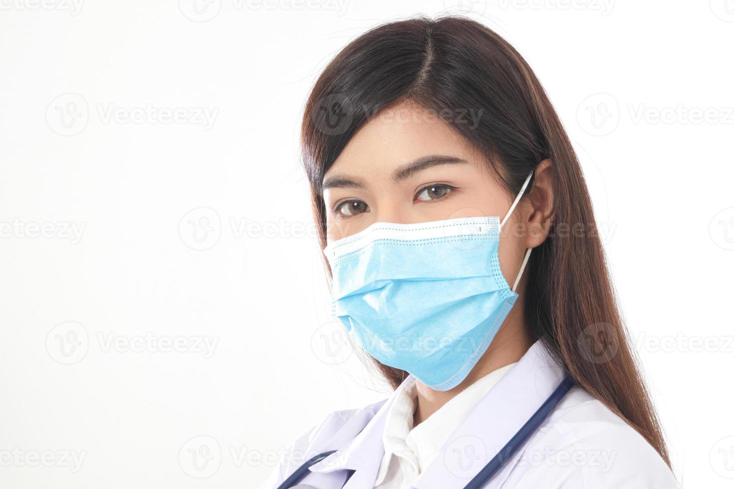 Beautiful Asian woman doctor wearing a blue mask to prevent infection. And the coronavirus photo