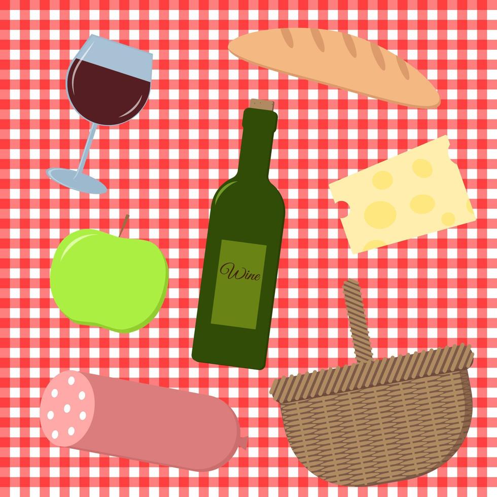 picnic food set on a checkered tablecloth vector