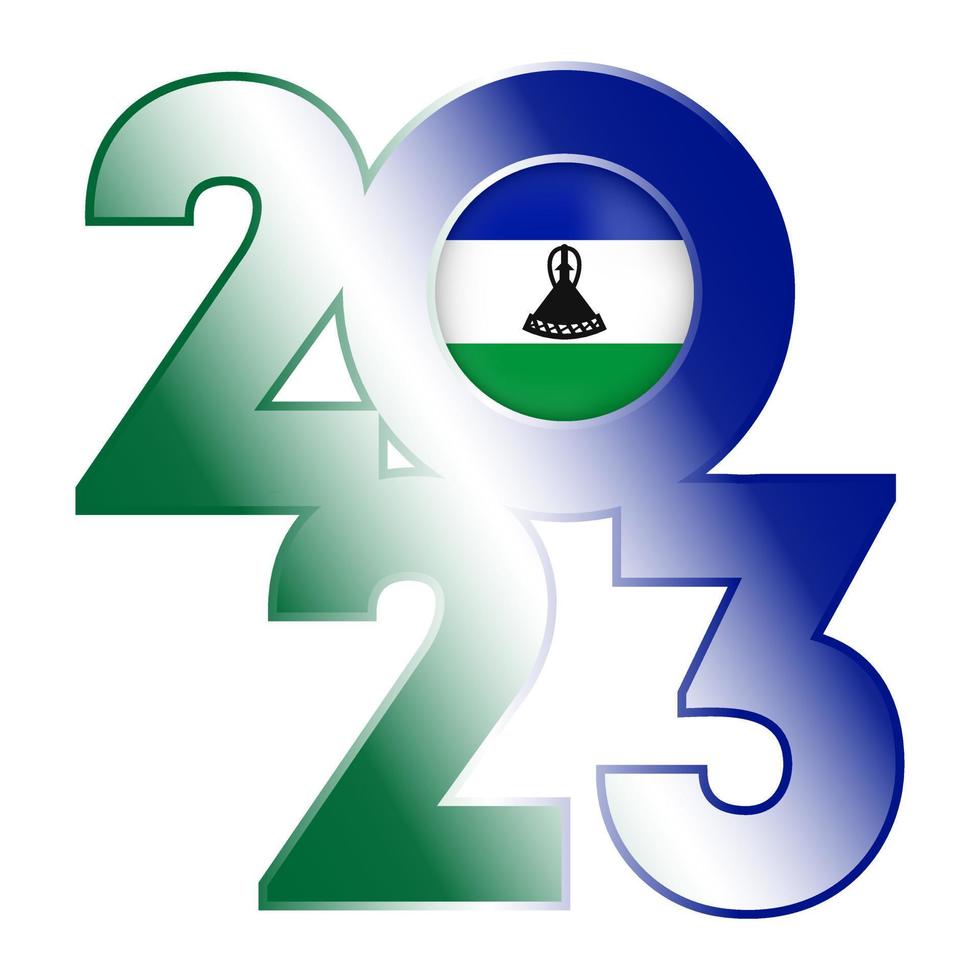 Happy New Year 2023 banner with Lesotho flag inside. Vector illustration.
