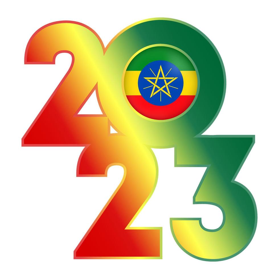 Happy New Year 2023 banner with Ethiopia flag inside. Vector illustration.