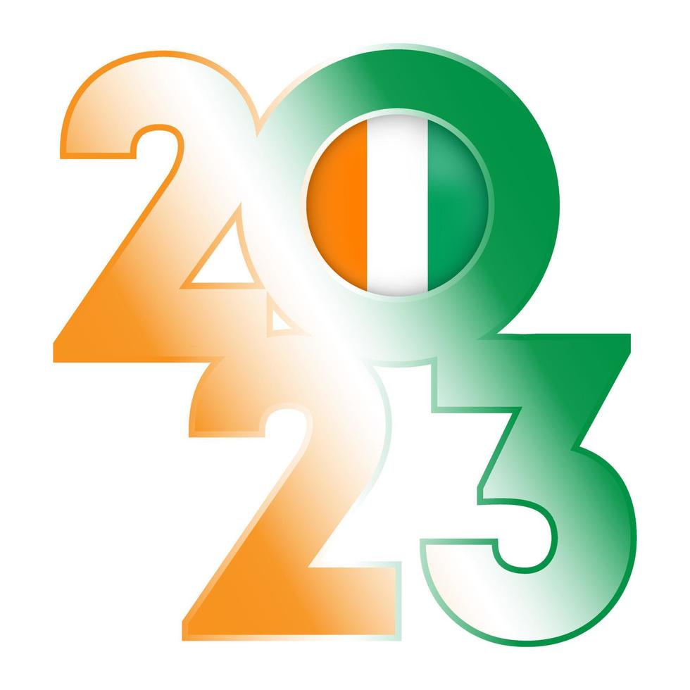 Happy New Year 2023 banner with Ivory Coast flag inside. Vector illustration.