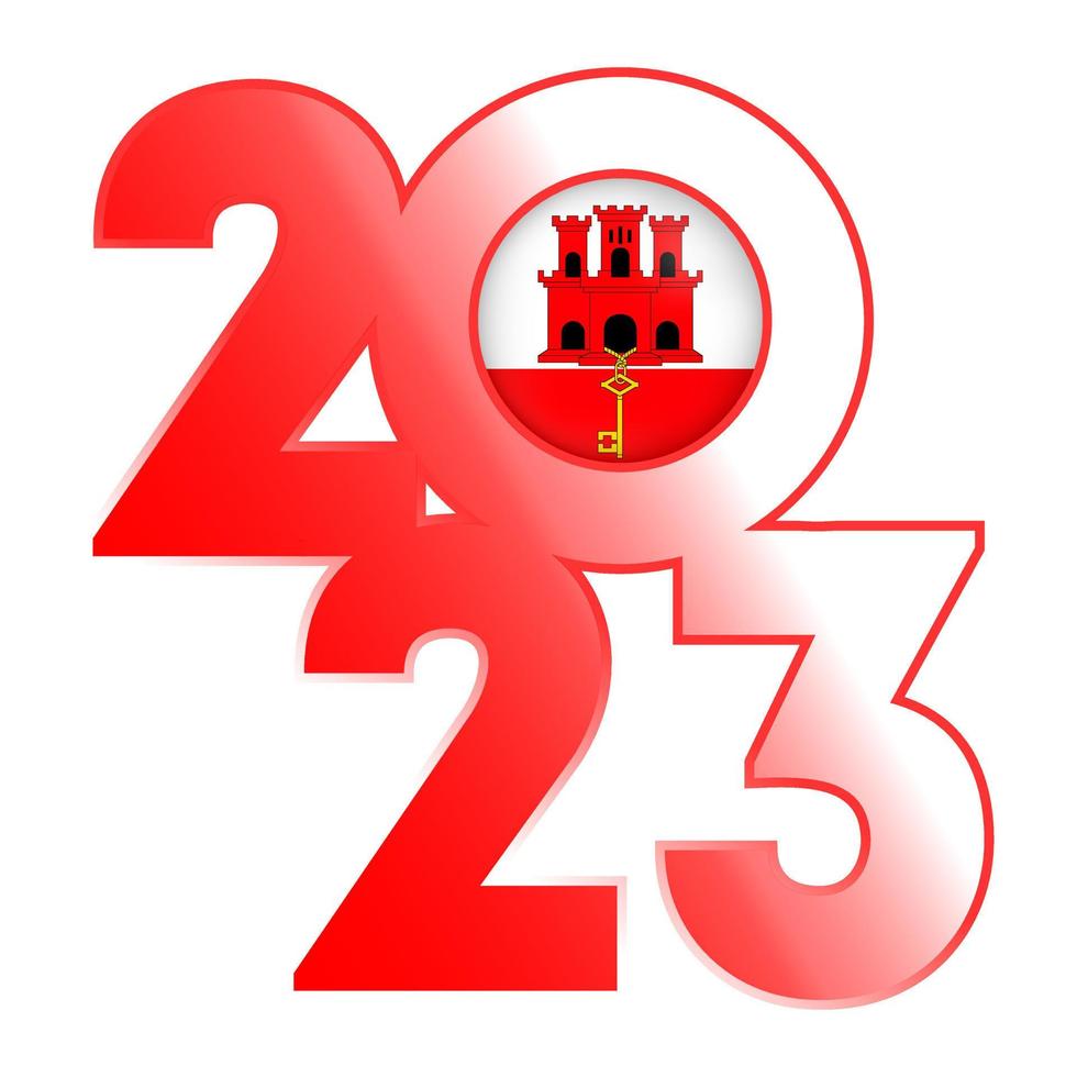 Happy New Year 2023 banner with Gibraltar flag inside. Vector illustration.