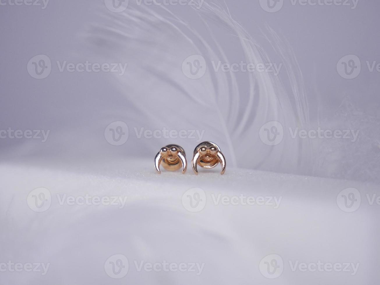 Beautiful gold earrings close-up on a white background photo