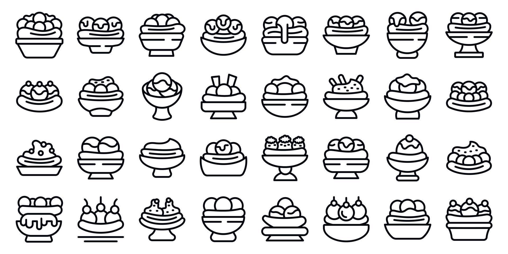 Banana split icons set outline vector. Cream calories vector