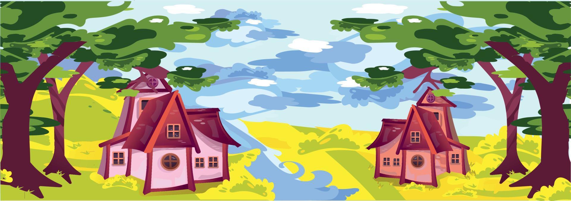 Residential village houses flat vector illustration, rustic landscape.