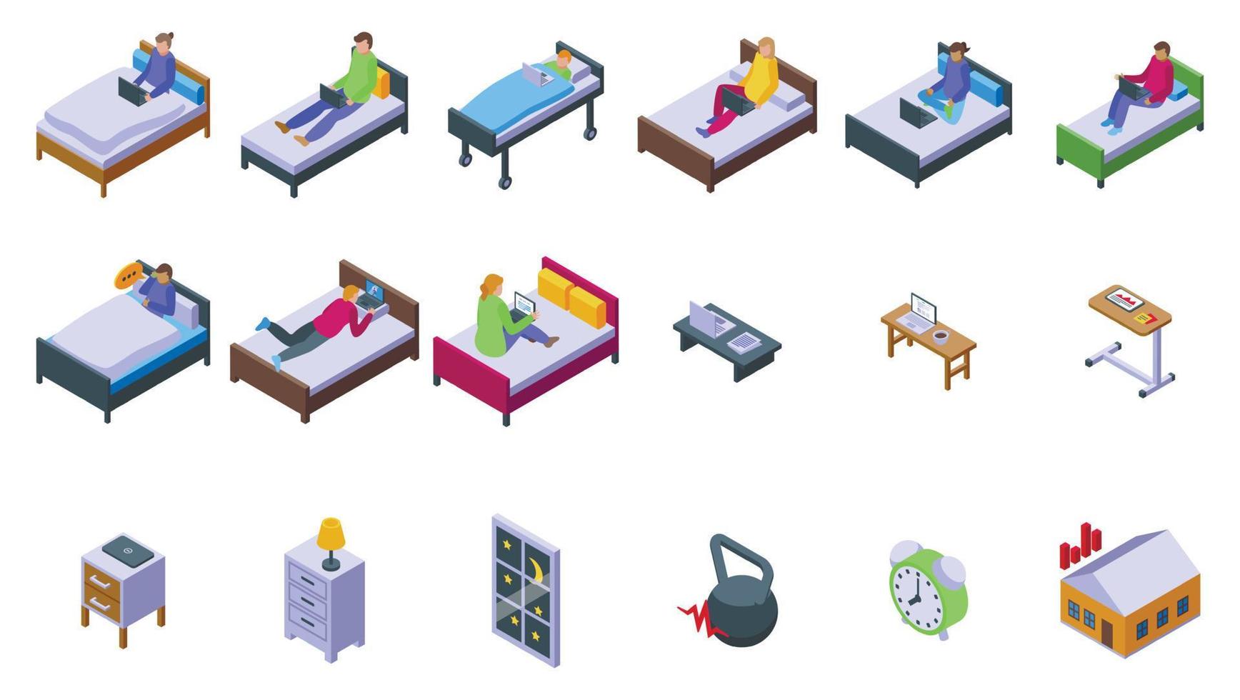 Work in bed icons set isometric vector. Woman laptop vector