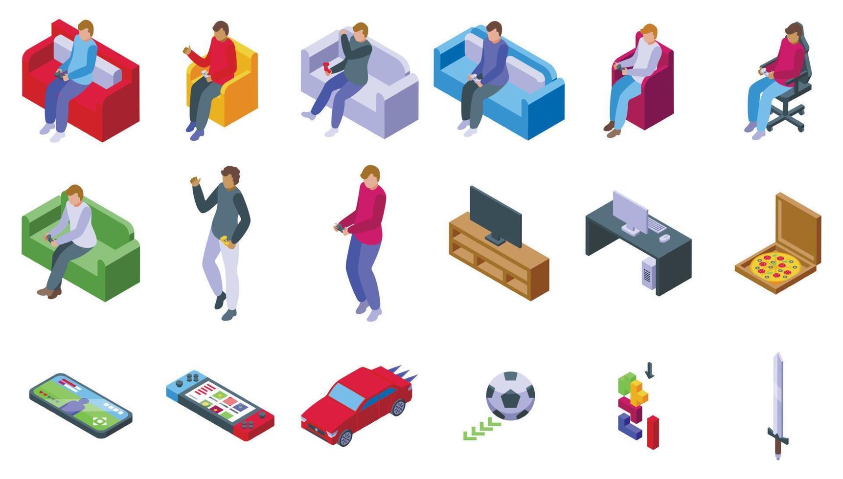 Men playing video games icons set isometric vector. Virtual gamer vector